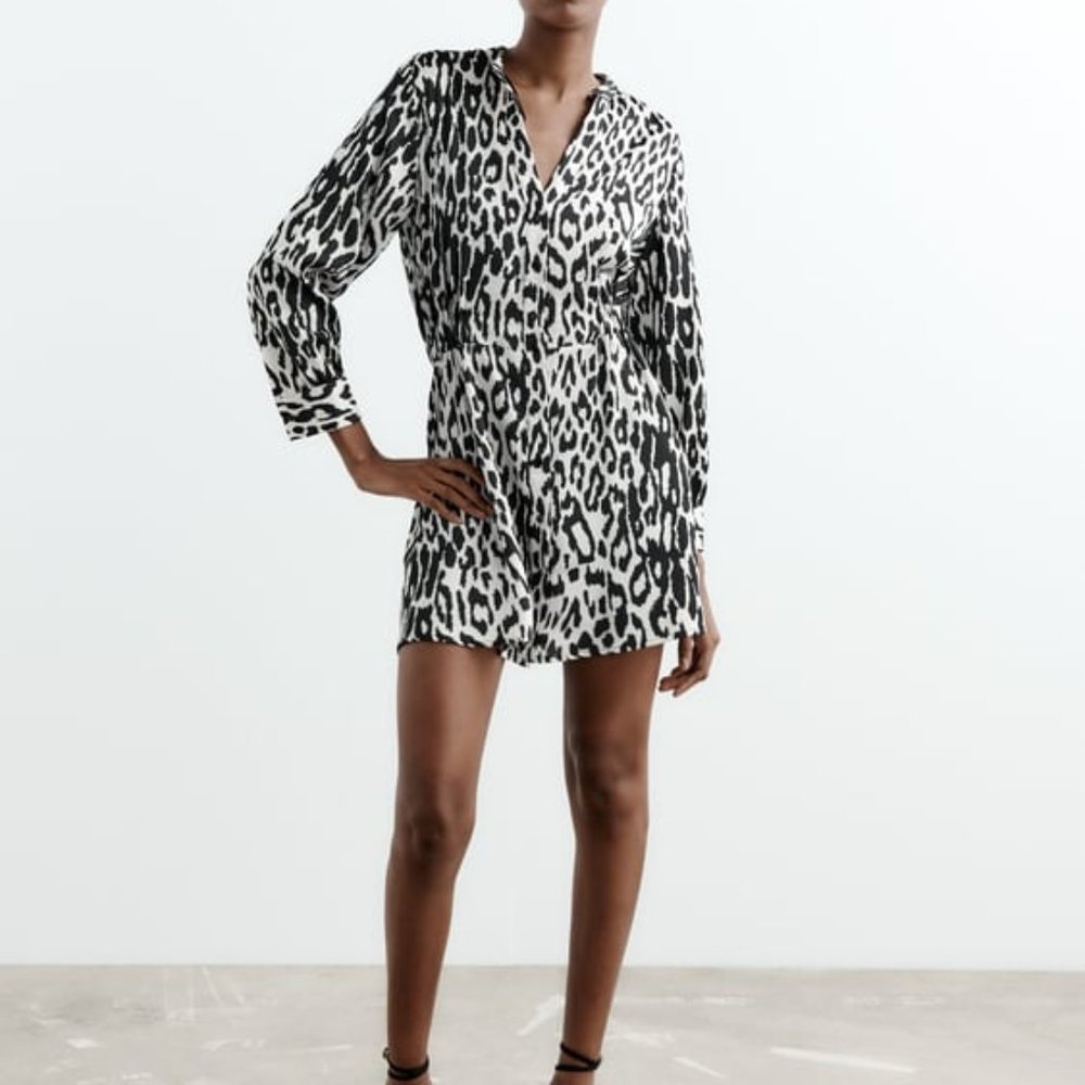 Zara Leopard Long Sleeve Button Front Mini Dress Medium